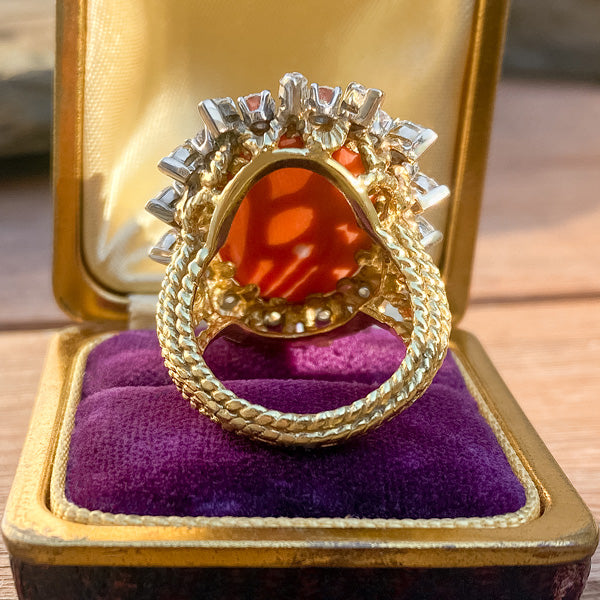 Antique Carved Coral & Diamond Ring sold by Doyle and Doyle an antique and vintage jewelry boutique
