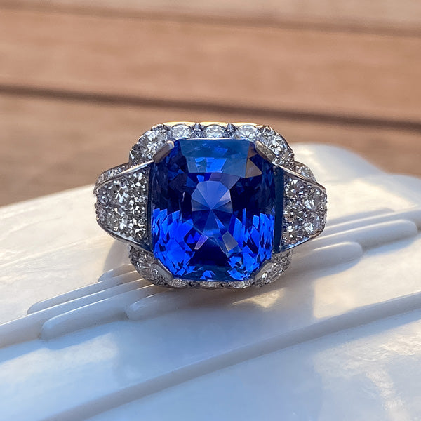  Retro Sapphire 10.38ct(no heat) & Diamond Ring sold by Doyle and Doyle an antique and vintage jewelry boutique