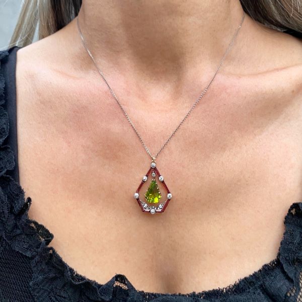 Edwardian Peridot, Garnet & Diamond Pendant Necklace sold by Doyle and Doyle an antique and vintage jewelry boutique 