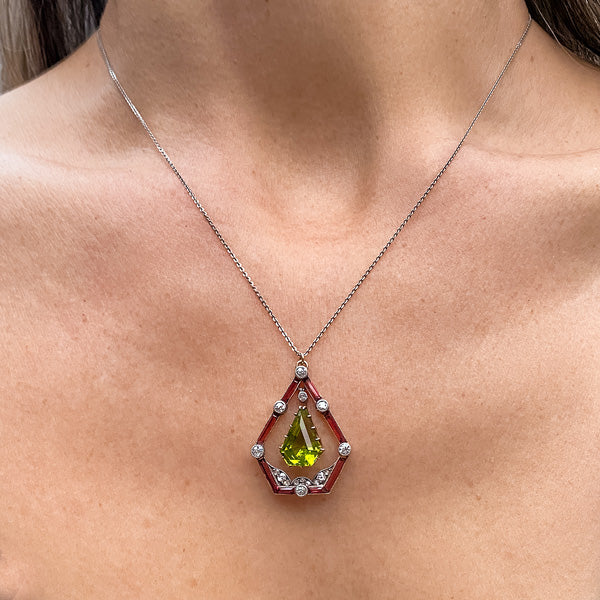 Edwardian Peridot, Garnet & Diamond Pendant Necklace sold by Doyle and Doyle an antique and vintage jewelry boutique