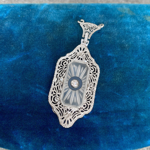 Filigree Diamond, Onyx & Rock Crystal Pendant,  sold by Doyle and Doyle an antique and vintage jewelry boutique