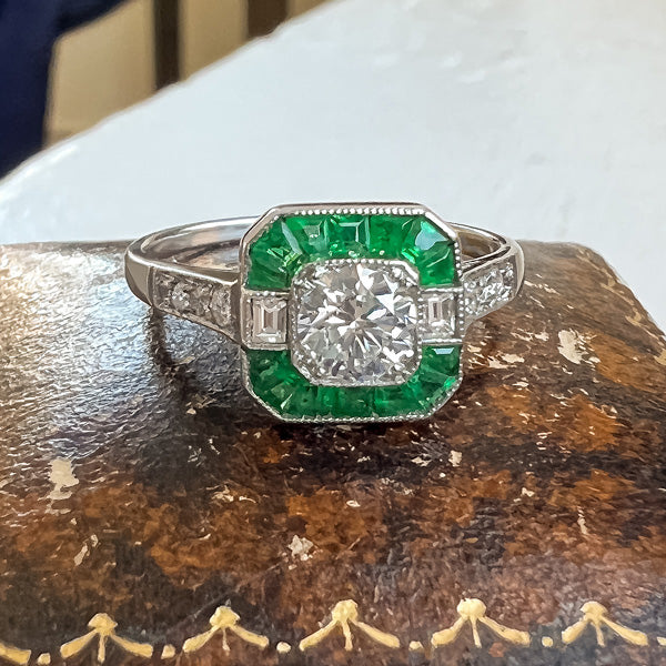 Art Deco Style Diamond & Emerald Engagement Ring, RBC 0.50ct. sold by Doyle and Doyle an antique and vintage jewelry boutique
