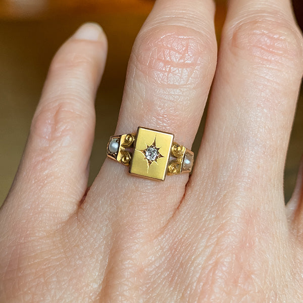 Victorian Diamond & Pearl Ring with British hallmarks, from Doyle & Doyle an antique and vintage jewelry boutique