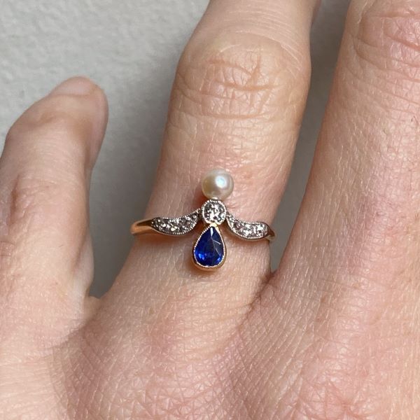 Edwardian Sapphire, Pearl & Diamond Ring sold by Doyle and Doyle an antique and vintage jewelry boutique