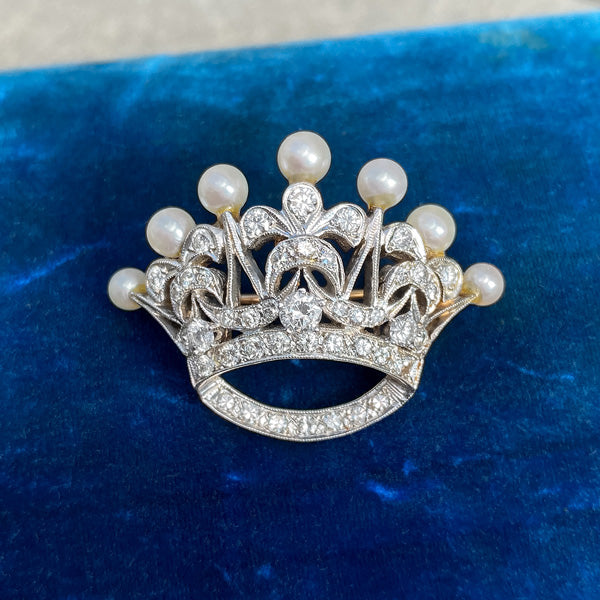 Edwardian Diamond & Pearl Crown Pin/ Pendant,  sold by Doyle and Doyle an antique and vintage jewelry boutique