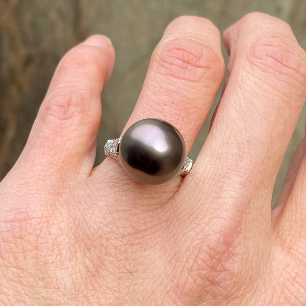 Estate Black Pearl & Diamond Ring sold by Doyle and Doyle an antique and vintage jewelry boutique