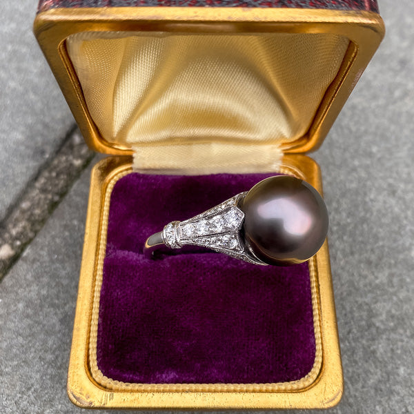 Estate Black Pearl & Diamond Ring sold by Doyle and Doyle an antique and vintage jewelry boutique