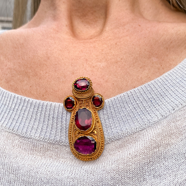 Etruscan Revival Garnet Clip sold by Doyle and Doyle an antique and vintage jewelry boutique