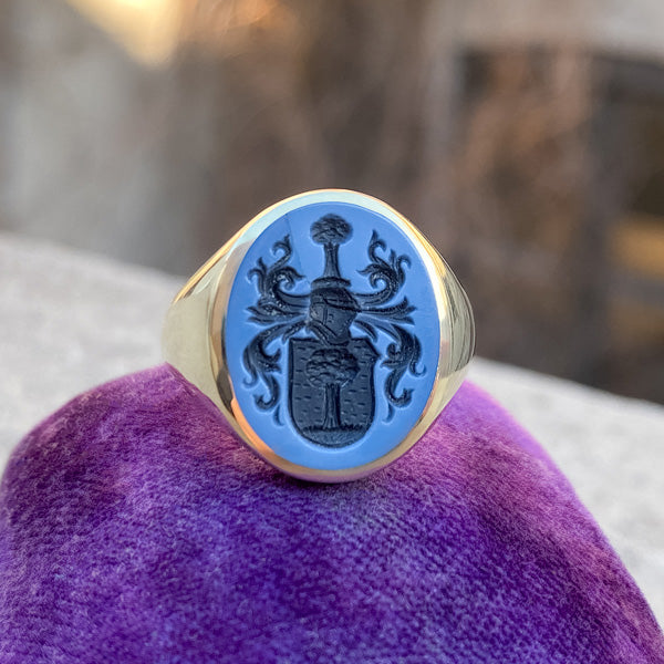 Vintage Coat of Arm Intaglio Ring sold by Doyle and Doyle an antique and vintage jewelry boutique