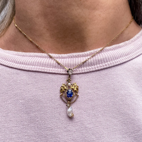 Antique Old Mine, Sapphire & Pearl Pendant sold by Doyle and Doyle an antique and vintage jewelry boutique