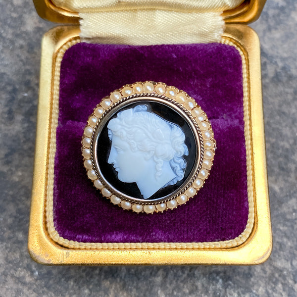 Antique Black Cameo Pin sold by Doyle and Doyle an antique and vintage jewelry boutique