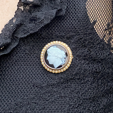 Antique Black Cameo Pin sold by Doyle and Doyle an antique and vintage jewelry boutique