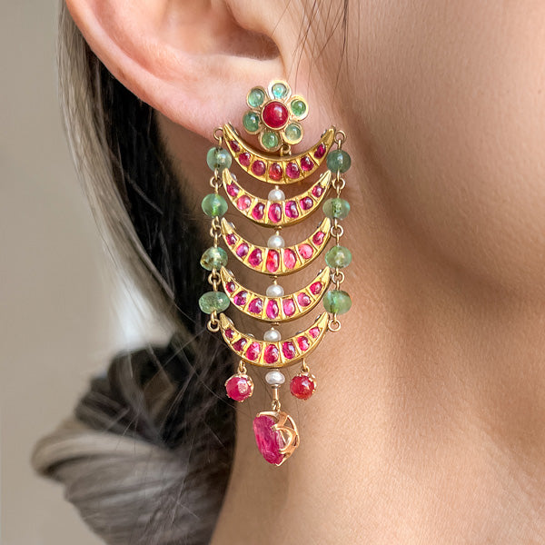 Indian Ruby, Emerald & Pearl Drop Earrings sold by Doyle and Doyle an antique and vintage jewelry boutique