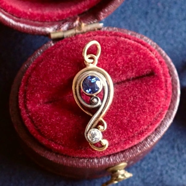 Art Nouveau Sapphire & Diamond Question Mark Pendant Charm, from Doyle & Doyle antique and vintage jewelry