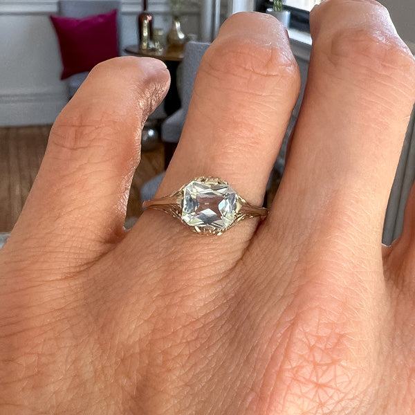 Vintage Filigree Aquamarine Ring sold by Doyle and Doyle an antique and vintage jewelry boutique