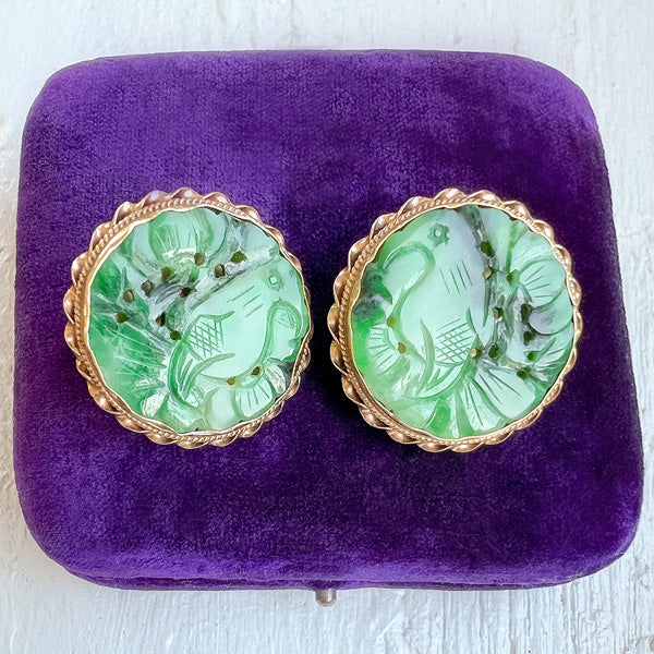 Vintage Carved Jade Earrings sold by Doyle & Doyle an antique and vintage jewelry boutique