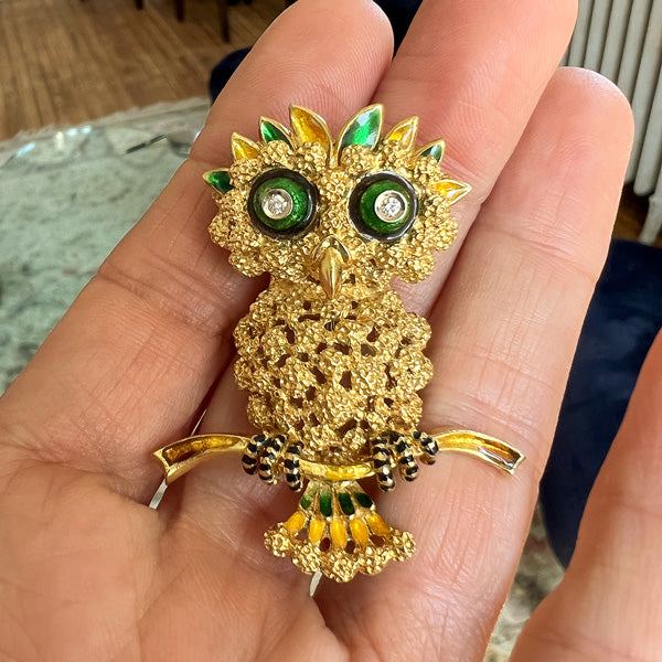 Vintage Enamel Owl Pin sold by Doyle and Doyle an antique and vintage jewelry boutique