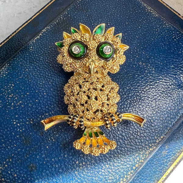 Vintage Enamel Owl Pin sold by Doyle and Doyle an antique and vintage jewelry boutique