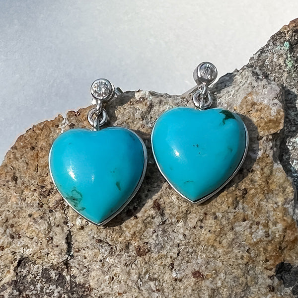 Diamond & Turquoise Heart Drop Earrings, from Doyle & Doyle antique and vintage jewelry boutique