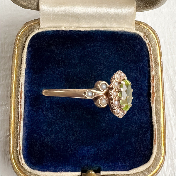 Antique Peridot & Pearl Ring sold by Doyle and Doyle an antique and vintage jewelry boutique