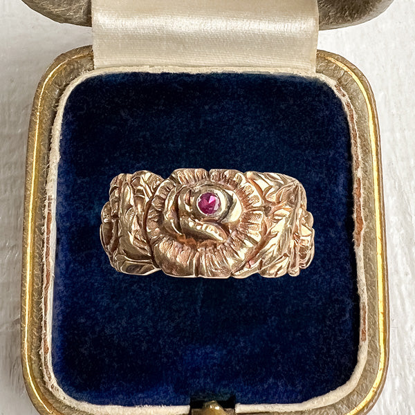 Retro Wide Floral Ruby Band sold by Doyle and Doyle an antique and vintage jewelry boutique