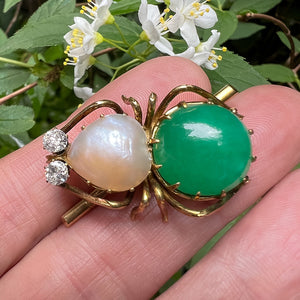 Vintage Diamond, Pearl & Green Stone Bug Pin sold by Doyle and Doyle an antique and vintage jewelry boutique