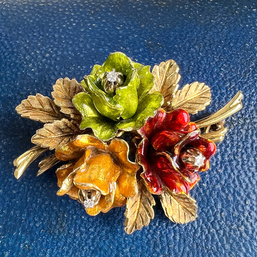 Vintage Enamel & Diamond Flower Brooch sold by Doyle and Doyle an antique and vintage jewelry boutique