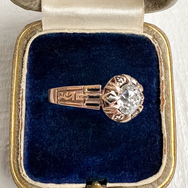 Vintage Diamond Engagement Ring in gold with black enamel, sold by Doyle & Doyle antique and vintage jewelry boutique