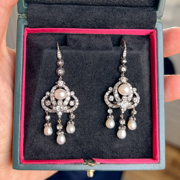 Georgian Natural Pearl & Diamond Earrings sold by Doyle and Doyle an antique and vintage jewelry boutique