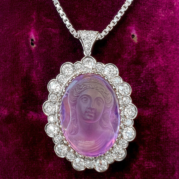 Amethyst Cameo & Diamond Pendant sold by Doyle and Doyle an antique and vintage jewelry boutique