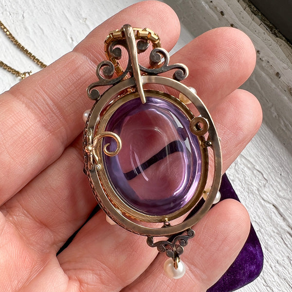 Victorian Cabochon Amethyst, Pearl & Diamond Pin Pendant, from Doyle & Doyle antique and vintage jewelry boutique