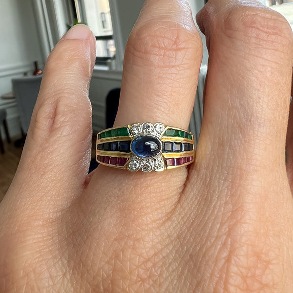 Sapphire, Ruby, Emerald & Diamond Ring  sold by Doyle and Doyle an antique and vintage jewelry boutique