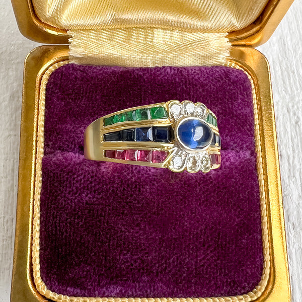 Sapphire, Ruby, Emerald & Diamond Ring sold by Doyle and Doyle an antique and vintage jewelry boutique