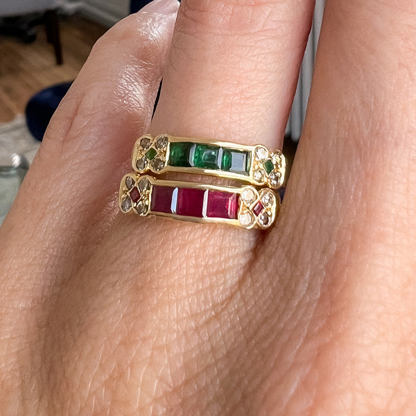 Emerald & Ruby Band Rings with Diamonds, sold by Doyle & Doyle antique and vintage jewelry boutique