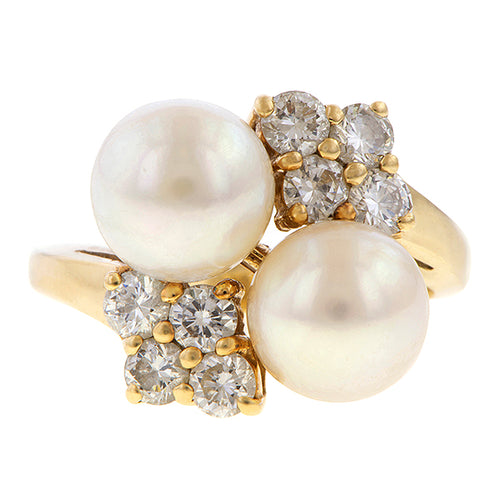 Vintage Pearl & Diamond Bypass Gold Ring, from Doyle & Doyle antique and vintage jewelry boutique
