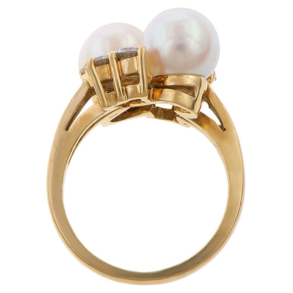 Vintage Pearl & Diamond Bypass Gold Ring, from Doyle & Doyle antique and vintage jewelry boutique