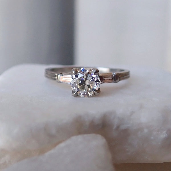 Vintage Diamond Engagement Ring with baguette sides, from Doyle & Doyle an antique and vintage jewelry boutique