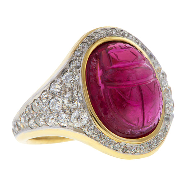 Carved Tourmaline Scarab & Diamond Ring sold by Doyle and Doyle an antique and vintage jewelry boutique