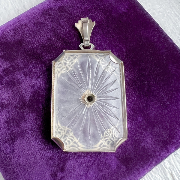 Vintage Filigree Diamond Frosted Camphor Glass Pendant sold by Doyle and Doyle an antique and vintage jewelry boutique