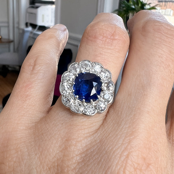 Edwardian Sapphire & Diamond Ring, Cushion 4.59ct. sold by Doyle and Doyle an antique and vintage jewelry boutique