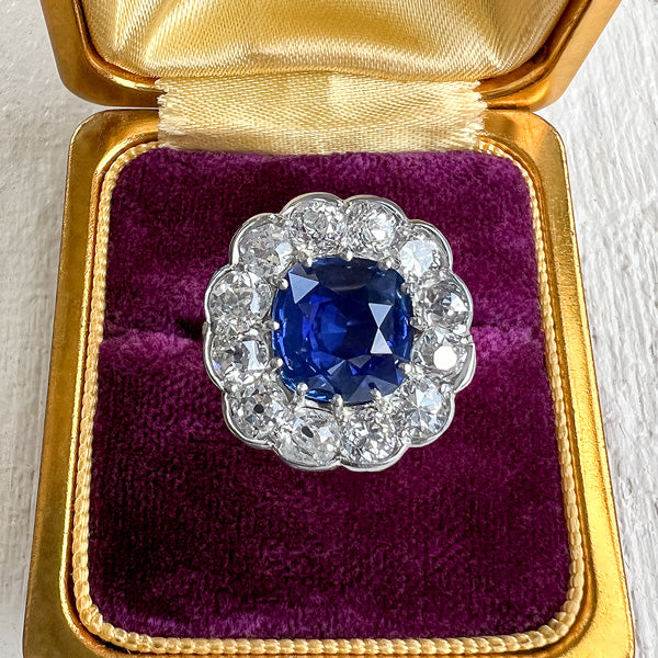 Edwardian Sapphire & Diamond Ring, Cushion 4.59ct. sold by Doyle and Doyle an antique and vintage jewelry boutique