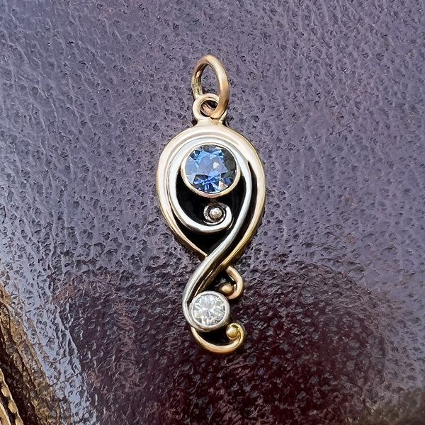 Art Nouveau Sapphire & Diamond Question Mark Pendant Charm, from Doyle & Doyle antique and vintage jewelry