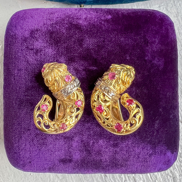 Vintage Ruby and Diamond Lion Earrings, from Doyle & Doyle antique and vintage jewelry boutique