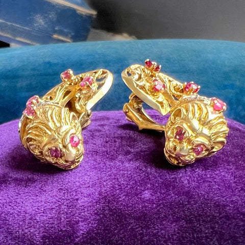 Vintage Ruby and Diamond Lion Earrings, from Doyle & Doyle antique and vintage jewelry boutique