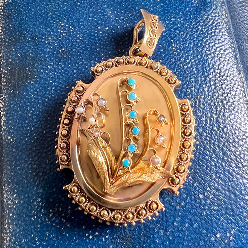 Victorian Turquoise & Pearl Lily of the Valley Locket sold by Doyle and Doyle an antique and vintage jewelry boutique