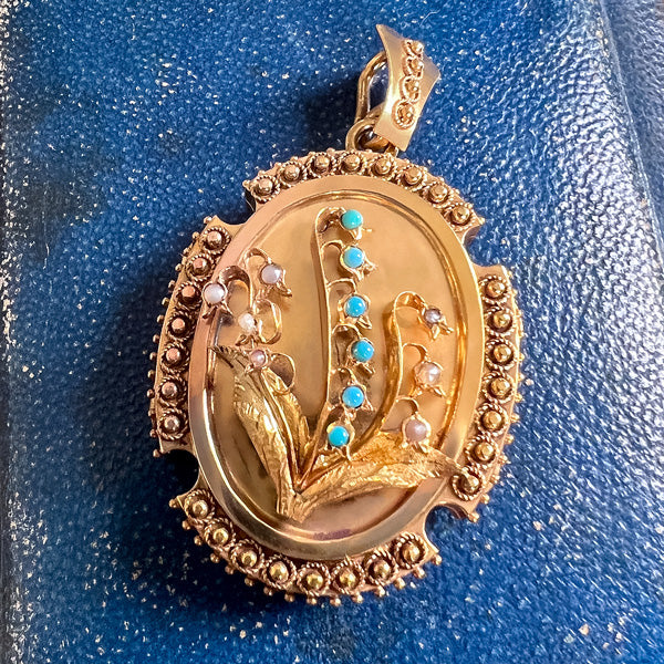 Victorian Turquoise & Pearl Lily of the Valley Locket sold by Doyle and Doyle an antique and vintage jewelry boutique
