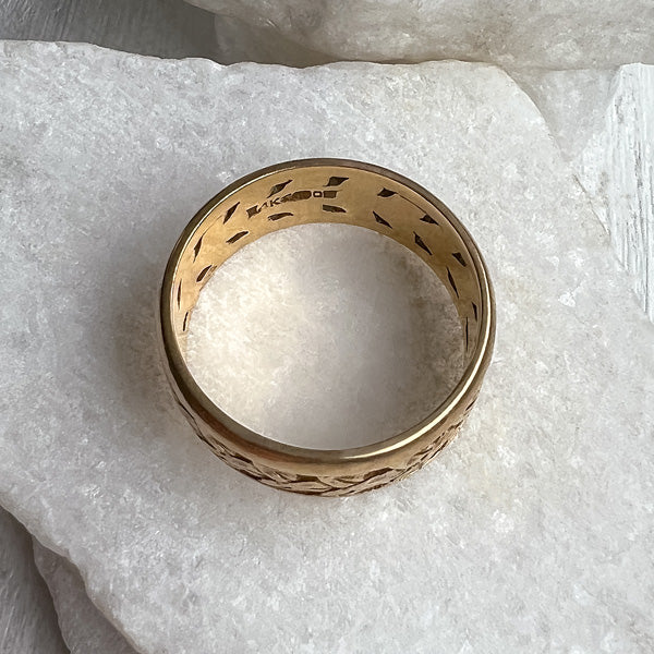 Vintage Leaf Patterned Gold Wedding Band sold by Doyle and Doyle an antique and vintage jewelry boutique