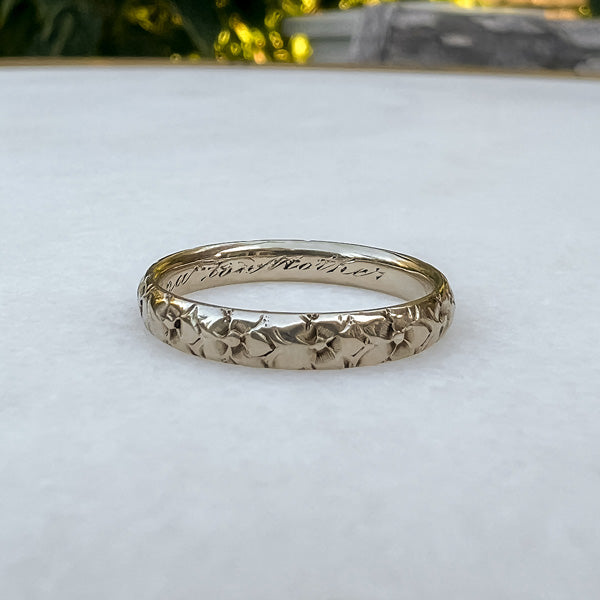 Vintage Patterned White Gold Wedding Band sold by Doyle and Doyle an antique and vintage jewelry boutique
