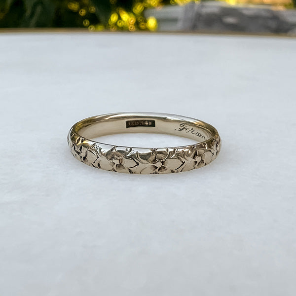 Vintage Patterned White Gold Wedding Band sold by Doyle and Doyle an antique and vintage jewelry boutique