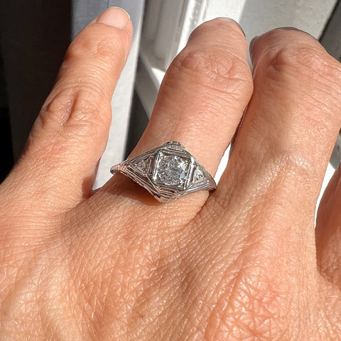 Vintage Filigree Diamond Engagement Ring, Old Euro 0.30ct. sold by Doyle and Doyle an antique and vintage jewelry boutique